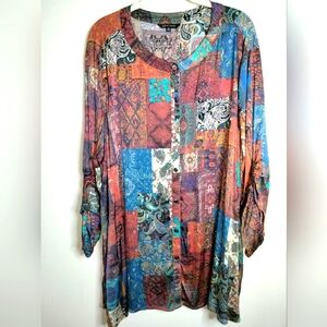 John Mark (Sz 2X) Multicolor Patchwork Button Down 3/4 Sleeve Slip Pocket Tunic